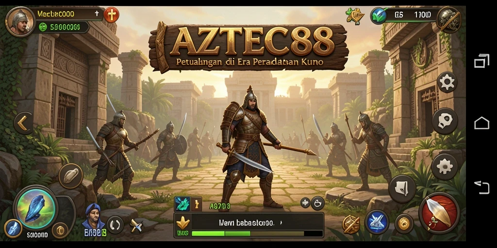 Screenshot gameplay AZTEC88 menunjukkan pertempuran strategis yang mendebarkan.