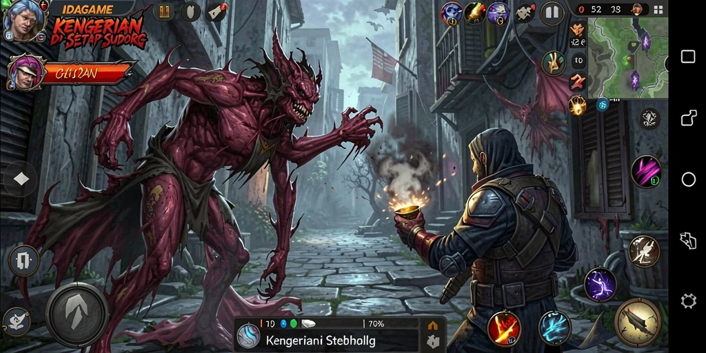 Screenshot gameplay IDAGAME menampilkan suasana yang menakutkan dan penuh kengerian.