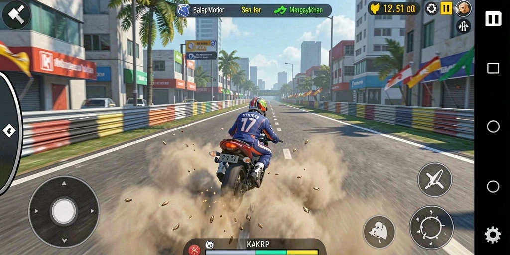 Screenshot gameplay KAKRP dengan aksi balap motor yang seru.