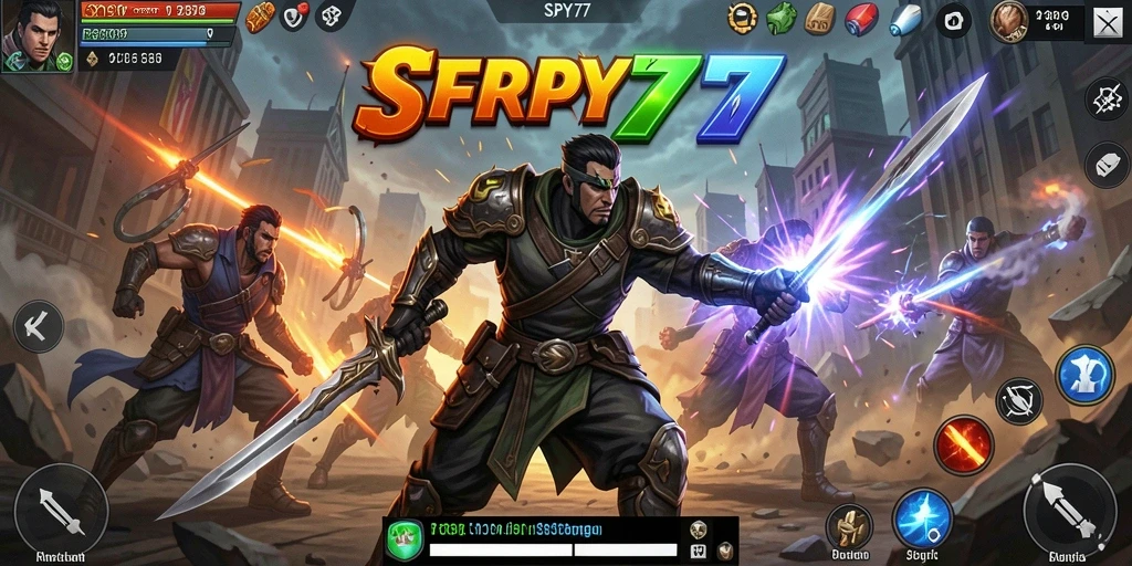 Screenshot gameplay SPY77 dengan karakter bertarung di arena yang memukau.