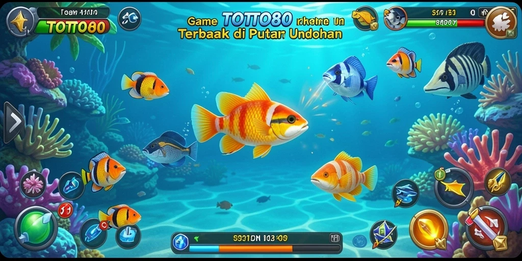 Screenshot TOTO80 menampilkan aksi seru menangkap ikan.